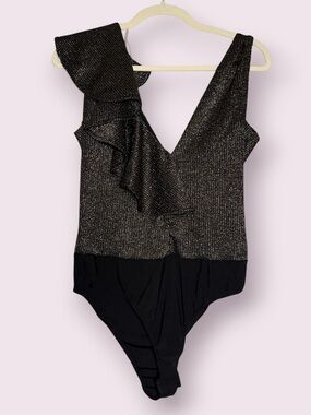 Blue S Black and Metallic Gold Ruffle V Neck Sleeveless Bodysuit Size Large